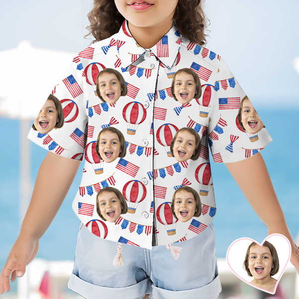 Custom American Flag Balloon Short Sleeve Shirt Face Hawaiian Independence Day Shirt  Beach Holiday Gift For Kids-mekesllser-Swimwear,Mekesllser,American Flag,Summer Sale,Hawaiian Shirt,For Kids,Swimwear For Kids,Kid's Hawaiian Shirt,For Boys,For Girls