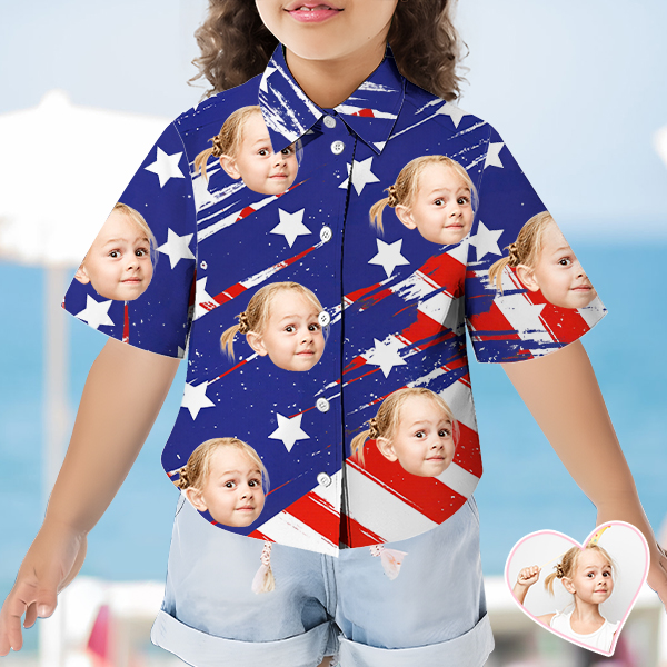 Custom American Flag Short Sleeve Shirt Face Hawaiian Independence Day Shirt  Beach Holiday Gift For Kids-mekesllser-Swimwear,Mekesllser,American Flag,Summer Sale,Hawaiian Shirt,For Kids,Swimwear For Kids,Kid's Hawaiian Shirt,For Boys,For Girls
