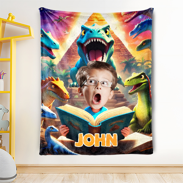 Custom Scared Dinosaur Blankets Personalized Face & Name Funny Blanket Gifts For Boys-mekesllser-dinosaur blanket,Mekesllser,For Kids,Home&Living,Blanket,For Boys,Dinosaur,Blanket for Boys
