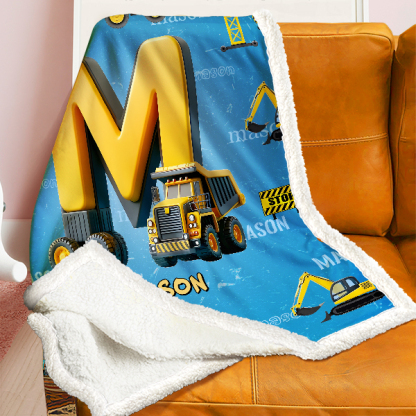 Custom Blue Construction Vehicles Letter Personalized Nmae Kid Blanket Gift For Boys-mekesllser-Mekesllser,For Kids,Home&Living,Blanket,For Boys,Kid's Simple Style,Blanket for Boys,Autumn Sale,Children's Daily Style