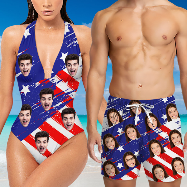 Custom American Flag Mens‘ Shorts Personalized Photo Hawaiian Beach Shorts Gift For Him For Husband-mekesllser-Swimwear,Mekesllser,American Flag,Summer Sale,Swimwear For Men,For Men,Hawaiian Shorts