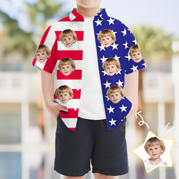 Custom Independence Day Short Sleeve Shirt Face Hawaiian Shirt American Flag Beach Holiday Gift For Kids-mekesllser-Swimwear,Mekesllser,American Flag,Summer Sale,Hawaiian Shirt,For Kids,Swimwear For Kids,Kid's Hawaiian Shirt,For Boys,For Girls