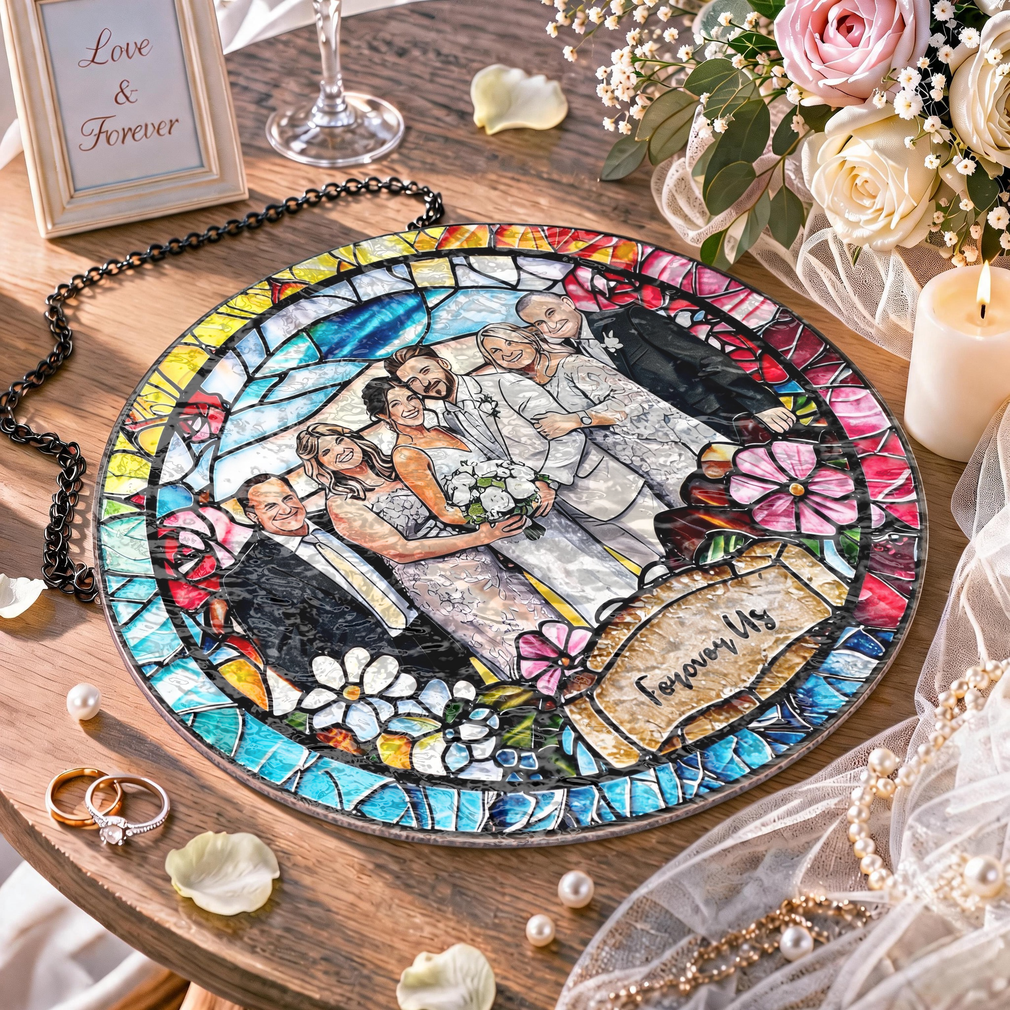 Custom Window Hanging Suncatcher, Elegant Personalized Window Stained Glass Home Decor Piece,  Personalized Gift For Couples Wedding Gift