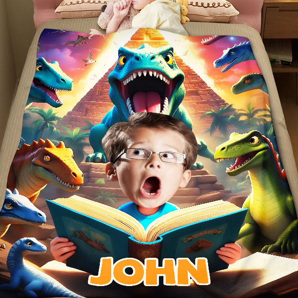 Custom Scared Dinosaur Blankets Personalized Face & Name Funny Blanket Gifts For Boys-mekesllser-dinosaur blanket,Mekesllser,For Kids,Home&Living,Blanket,For Boys,Dinosaur,Blanket for Boys