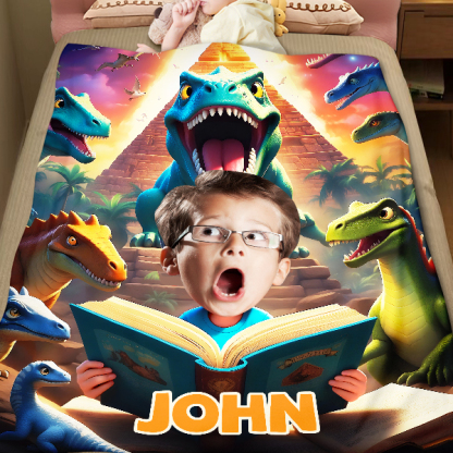 Custom Scared Dinosaur Blankets Personalized Face & Name Funny Blanket Gifts For Boys-mekesllser-dinosaur blanket,Mekesllser,For Kids,Home&Living,Blanket,For Boys,Dinosaur,Blanket for Boys