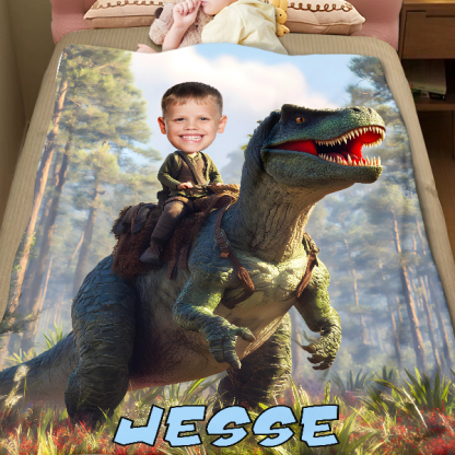 Custom Dinosaur Blankets Personalized Face & Name Hero Blanket Gifts For Boys-mekesllser-dinosaur blanket,Mekesllser,For Kids,Home&Living,Blanket,For Boys,Dinosaur,Blanket for Boys