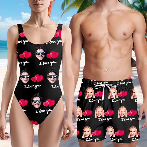 Custom Sweet Heart Mens‘ Shorts Personalized Photo Hawaiian Love Beach Shorts Gift For Him For Husband-mekesllser-Swimwear,Mekesllser,Red Heart,Summer Sale,Swimwear For Men,For Men,Hawaiian Shorts