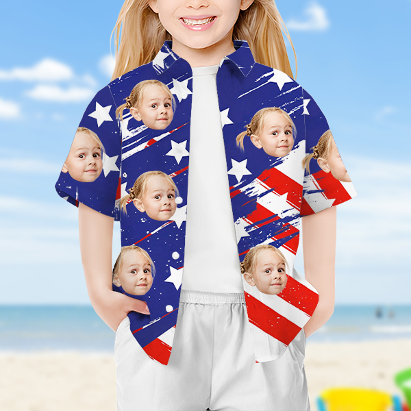 Custom American Flag Short Sleeve Shirt Face Hawaiian Independence Day Shirt  Beach Holiday Gift For Kids-mekesllser-Swimwear,Mekesllser,American Flag,Summer Sale,Hawaiian Shirt,For Kids,Swimwear For Kids,Kid's Hawaiian Shirt,For Boys,For Girls