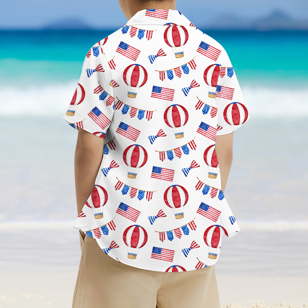 Custom American Flag Balloon Short Sleeve Shirt Face Hawaiian Independence Day Shirt  Beach Holiday Gift For Kids-mekesllser-Swimwear,Mekesllser,American Flag,Summer Sale,Hawaiian Shirt,For Kids,Swimwear For Kids,Kid's Hawaiian Shirt,For Boys,For Girls