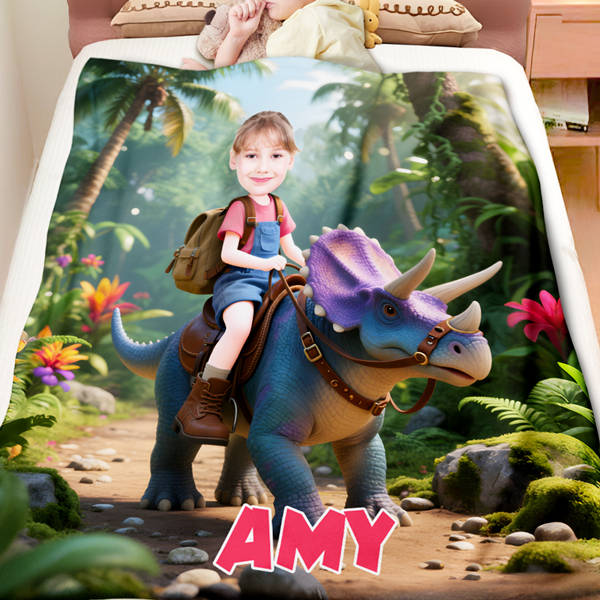 Custom Triceratops Riding Blankets Personalized Face & Name Hero Blanket Gifts For Girls-mekesllser-Mekesllser,For Kids,Home&Living,Blanket,For Girls,Dinosaur,Kid's Animal Theme,Blanket for Girls