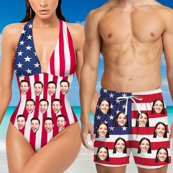 Custom American Flag Beach Shorts Personalized Photo Hawaiian Shorts Gift For Him For Husband-mekesllser-Swimwear,Mekesllser,American Flag,Summer Sale,Swimwear For Men,For Men,Hawaiian Shorts