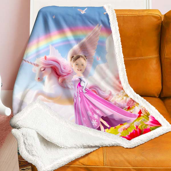 Custom Rainbow Princess With Unicorn Blankets Personalized Face & Name Blanket Gifts For Girls-mekesllser-Mekesllser,For Kids,IP,Home&Living,Blanket,For Girls,Princess,Blanket for Girls,Unicorn