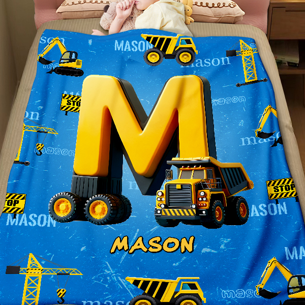 Custom Blue Construction Vehicles Letter Personalized Nmae Kid Blanket Gift For Boys-mekesllser-Mekesllser,For Kids,Home&Living,Blanket,For Boys,Kid's Simple Style,Blanket for Boys,Autumn Sale,Children's Daily Style