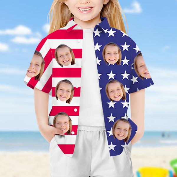 Custom Independence Day Short Sleeve Shirt Face Hawaiian Shirt American Flag Beach Holiday Gift For Kids-mekesllser-Swimwear,Mekesllser,American Flag,Summer Sale,Hawaiian Shirt,For Kids,Swimwear For Kids,Kid's Hawaiian Shirt,For Boys,For Girls