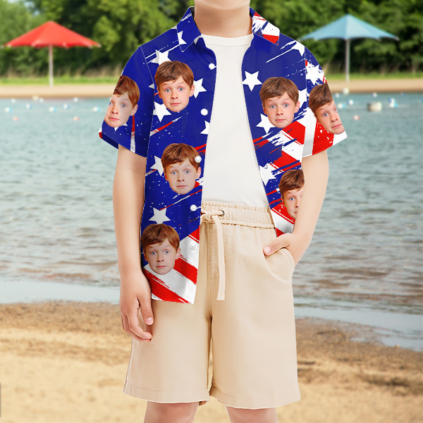 Custom American Flag Short Sleeve Shirt Face Hawaiian Independence Day Shirt  Beach Holiday Gift For Kids-mekesllser-Swimwear,Mekesllser,American Flag,Summer Sale,Hawaiian Shirt,For Kids,Swimwear For Kids,Kid's Hawaiian Shirt,For Boys,For Girls