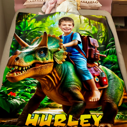 Custom Rainforest Dinosaur Blankets Personalized Boy Riding Triceratops Dinosaur Blanket Gift For Boys-mekesllser-dinosaur blanket,Mekesllser,For Kids,IP,Home&Living,Blanket,For Boys,Dinosaur,Kid's Animal Theme,Blanket for Boys,Autumn Sale,Children's Daily Style