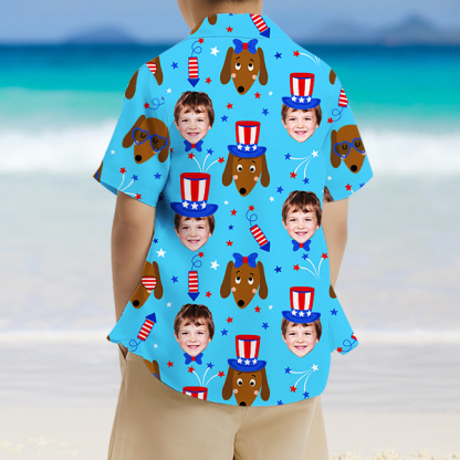 Custom American Flag Puppy Short Sleeve Shirt Face Hawaiian Independence Day Shirt  Beach Gift For Kids-mekesllser-Swimwear,Mekesllser,American Flag,Summer Sale,Hawaiian Shirt,For Kids,Swimwear For Kids,Kid's Hawaiian Shirt,For Boys,For Girls