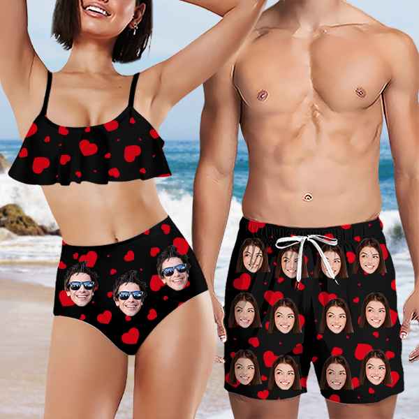 Custom Sweet Heart Mens‘ Shorts Personalized Photo Hawaiian Sweet Love Beach Shorts Gift For Him For Husband-mekesllser-Swimwear,Mekesllser,Red Heart,Summer Sale,Swimwear For Men,For Men,Hawaiian Shorts