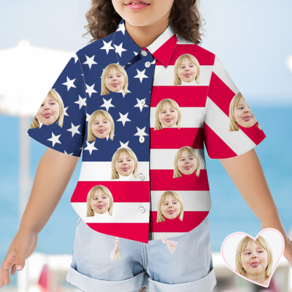 Custom Independence Day Short Sleeve Shirt Face Hawaiian Shirt American Flag Beach Holiday Shirt Gift For Kids-mekesllser-Swimwear,Mekesllser,American Flag,Summer Sale,Hawaiian Shirt,For Kids,Swimwear For Kids,Kid's Hawaiian Shirt,For Boys,For Girls