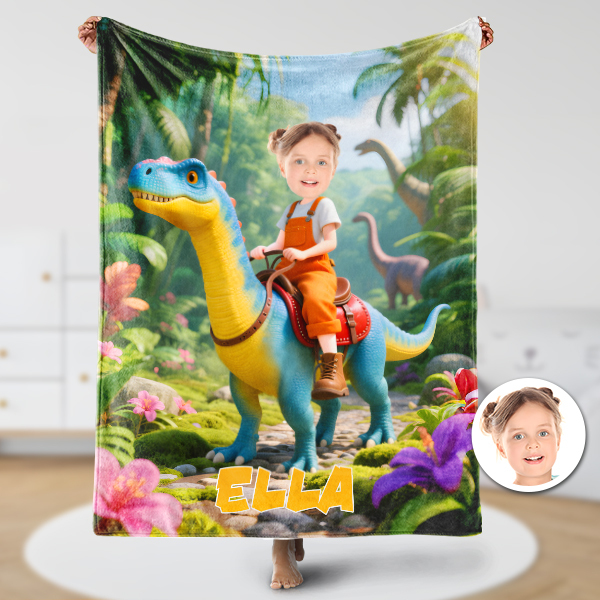 Custom Dinosaur Riding Blankets Female Explorer Personalized Face & Name Hero Blanket Gifts For Girls-mekesllser-Mekesllser,For Kids,Home&Living,Blanket,For Girls,Dinosaur,Kid's Animal Theme,Blanket for Girls
