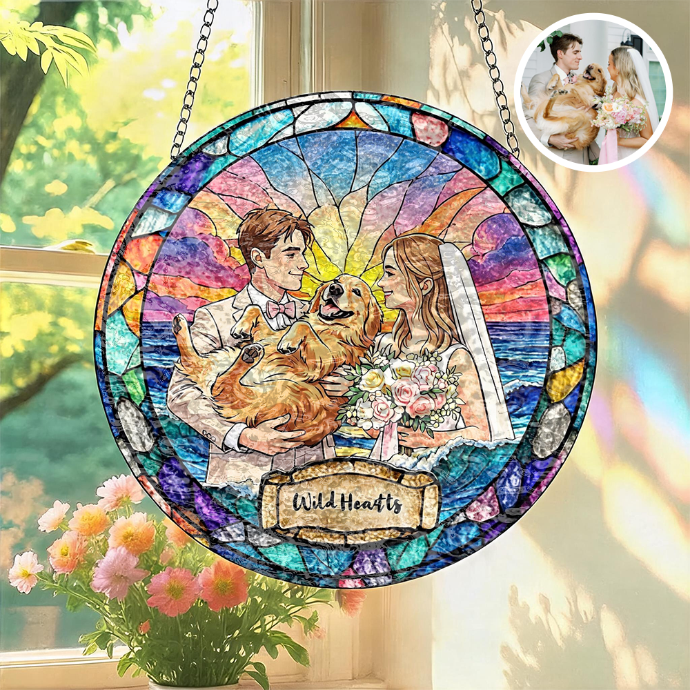 Custom Window Hanging Suncatcher, Elegant Personalized Window Stained Glass Home Decor Piece, Memorable Personalized Gift For Couples Wedding Couple