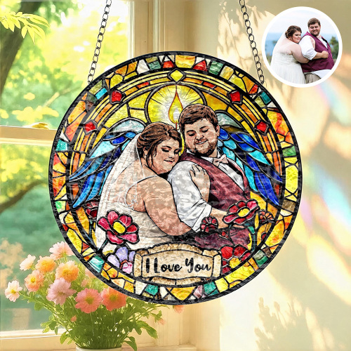 Custom Window Hanging Suncatcher, Personalized Stained Glass Art Home Decor Accessory, Thoughtful Personalized Gift For Couples Wedding Keepsake Anniversary Photo