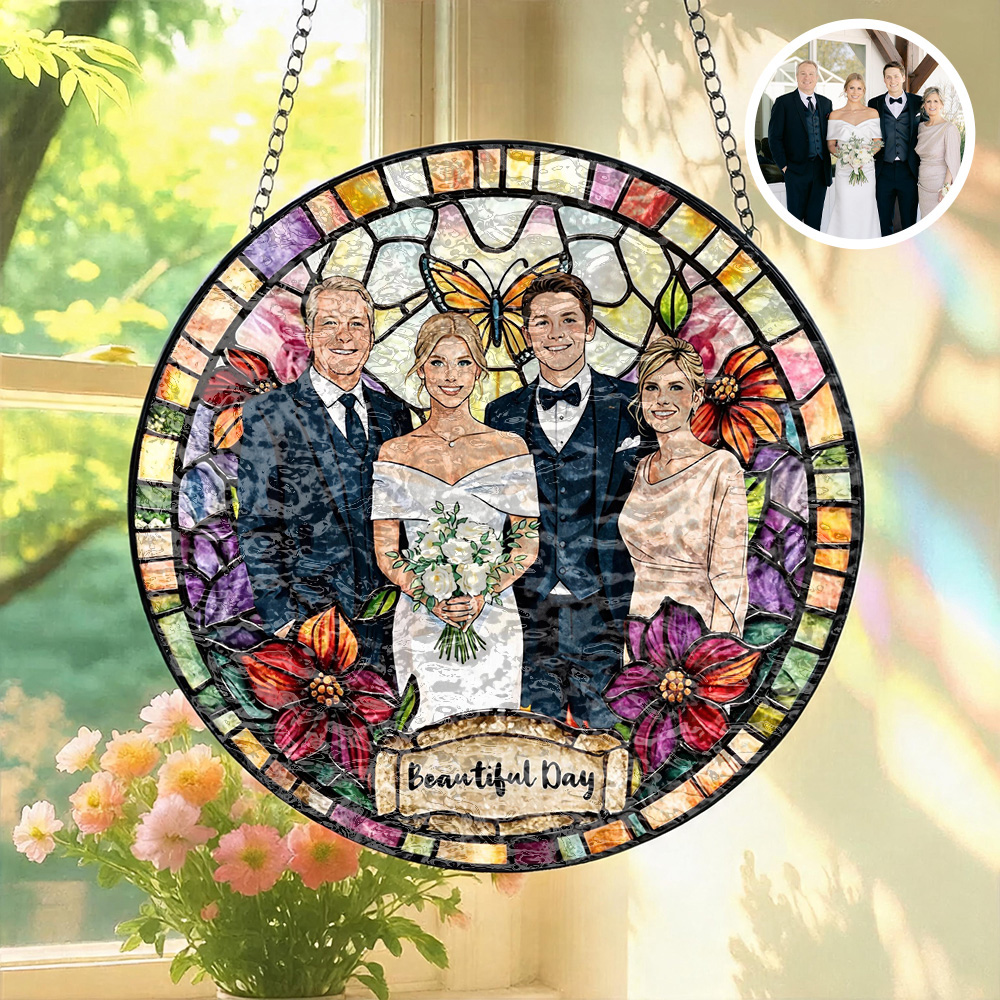 Custom Window Hanging Suncatcher, Personalized Stained Glass Photo Home Decor, Unique Personalized Gift For Couples & Family Keepsake Custom Photo Suncatcher