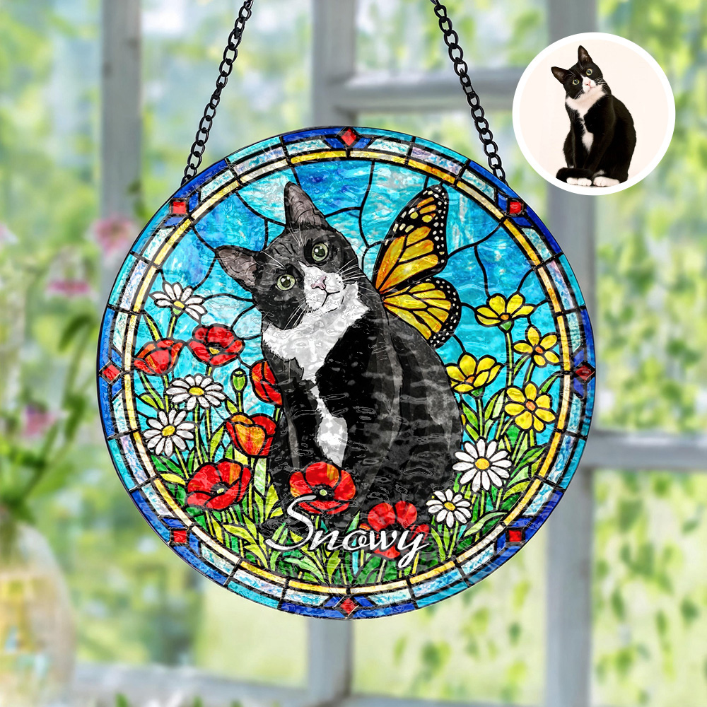 Custom Window Hanging Suncatcher – Personalized Stained Glass Window Decor For Home, A Thoughtful Gift For Pet Lover Featuring Your Photo, For Cat Lover
