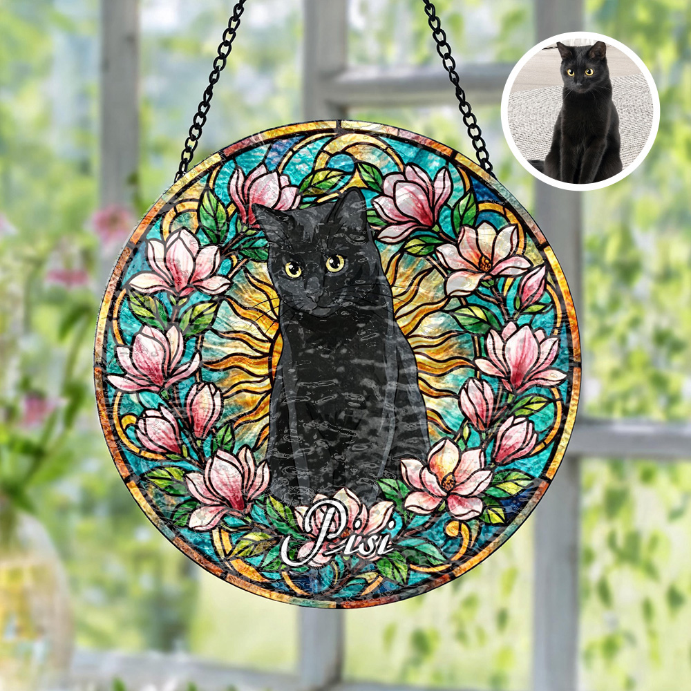  Custom Window Hanging Suncatcher – Custom Photo Keepsake With Stained Glass Design, Charming Home Decor & Gift For Pet Lover, Black Cat