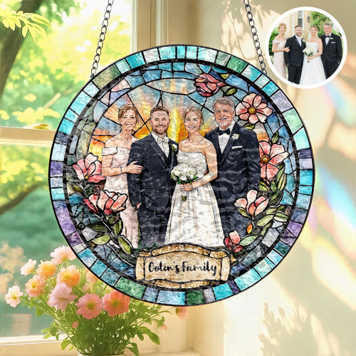 Custom Window Hanging Suncatcher, Personalized Window Stained Glass Home Decor, Ideal Personalized Gift For Couples Wedding Anniversary Photo Love Gift