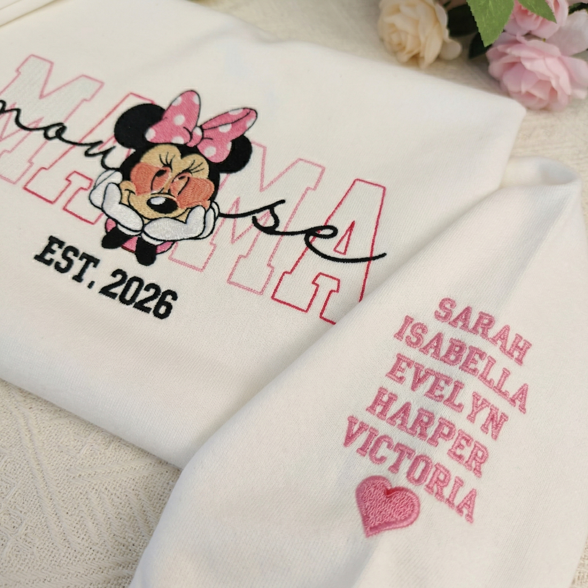 50% OFF 🐭Custom Minnie Embroidered “Mama” Sweatshirt – Personalized with Names & Year