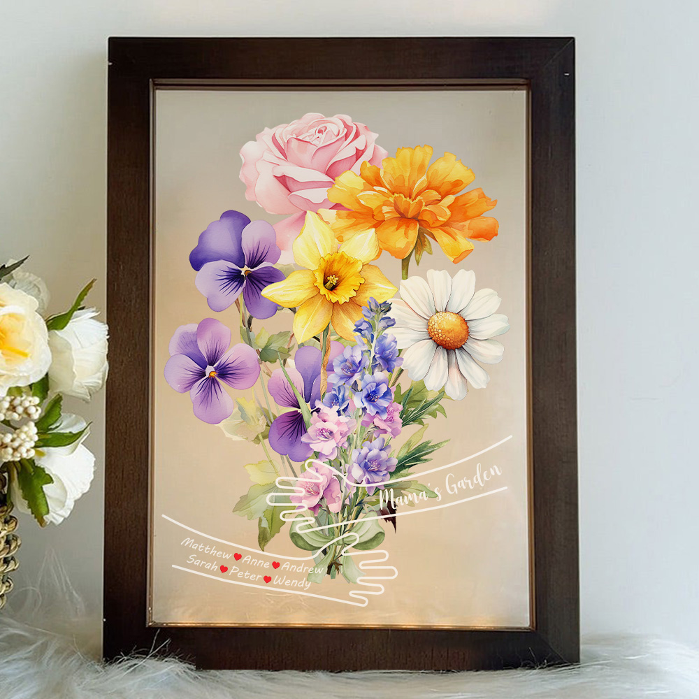 Custom Hug Birth Month Flower Bouquet with Names LED Night Light Frame