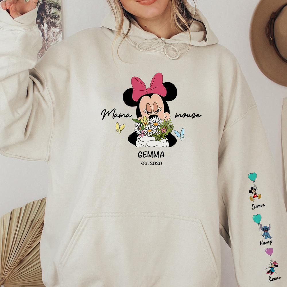 50% OFF 🐭Custom Mama Mouse Sweatshirt, Mama Est with Kid Name on Sleeve Sweatshirt