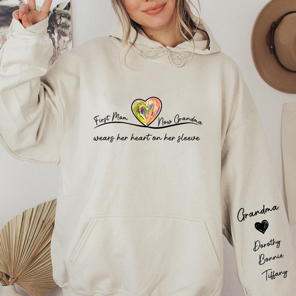 First Mom Now Grandma Custom Names On Sleeve - Personalized Sweatshirt, Hoodie