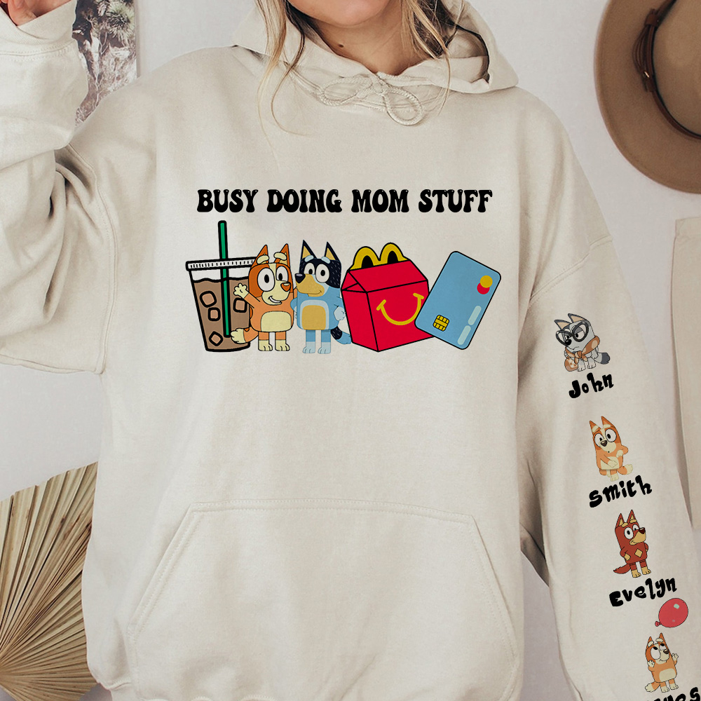 50% OFF🐶BUSY DOING MOM STUFF Custom Mama Sweatshirt, with Kid Names on Sleeve Sweatshirt