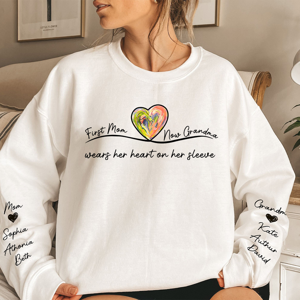 First Mom Now Grandma Custom Names On Sleeve - Personalized Sweatshirt, Hoodie