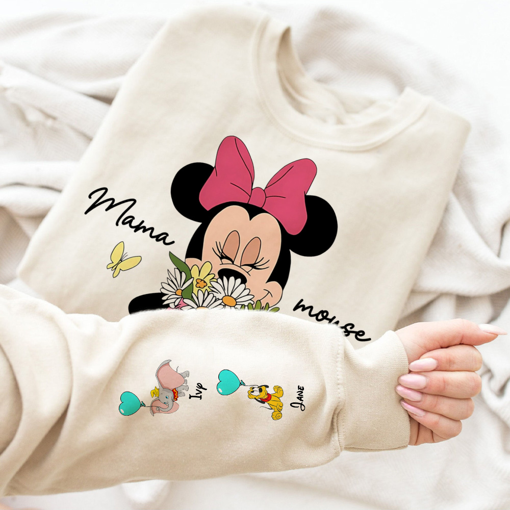 50% OFF 🐭Custom Mama Mouse Sweatshirt, Mama Est with Kid Name on Sleeve Sweatshirt