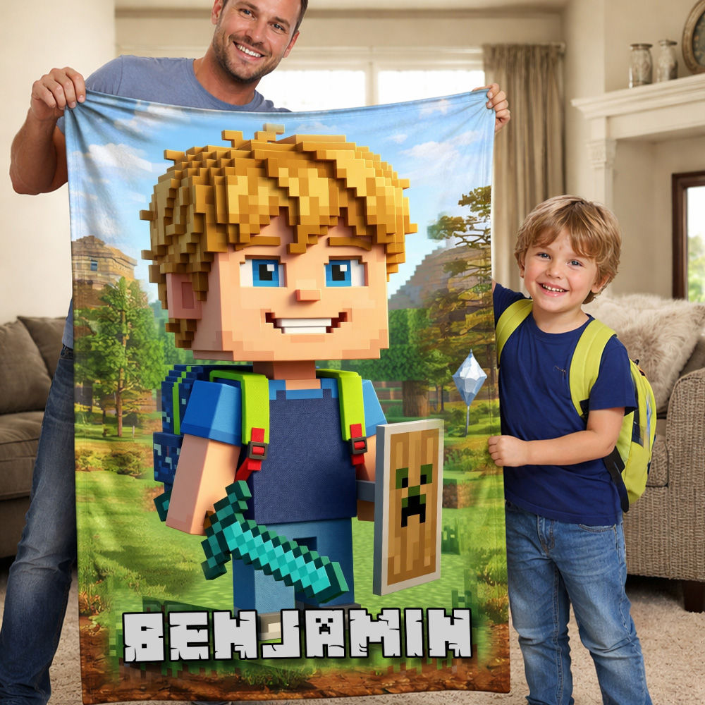 Custom Minecraft Pixel-Style Blanket with Face & Name