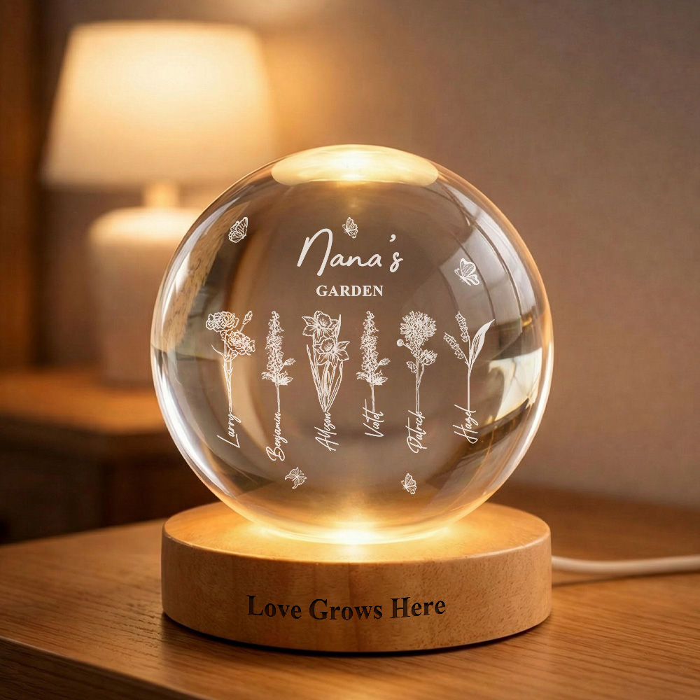 50% off🔮Custom Birth Flower with Names Crystal Ball LED Night Light