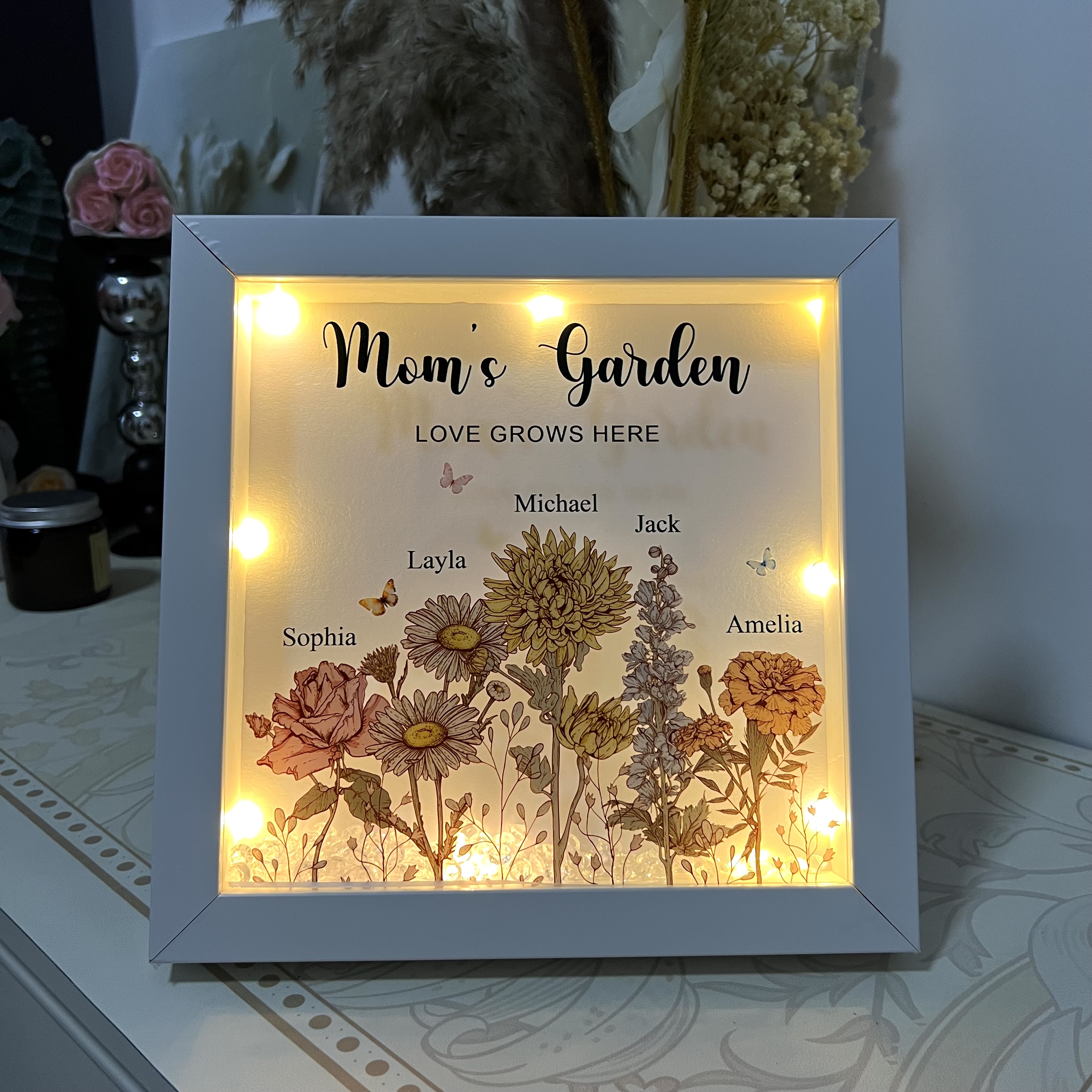 50% OFF✨Customized Mom's Garden Birth Flower Light Frame Box, Grandma's Garden Night Light