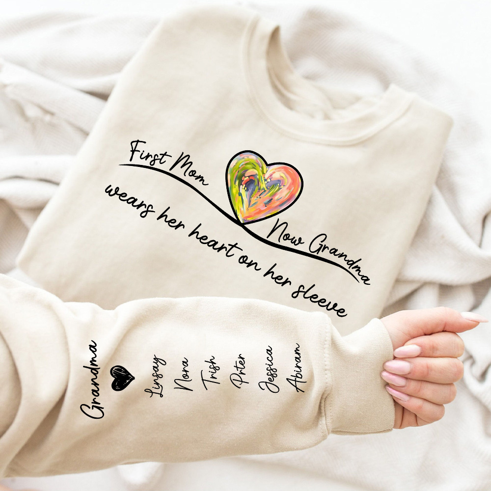 First Mom Now Grandma Custom Names On Sleeve - Personalized Sweatshirt, Hoodie