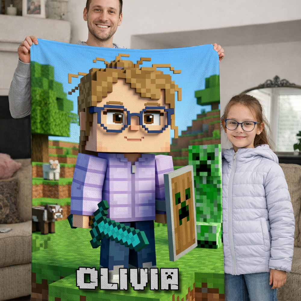 Custom Minecraft Pixel-Style Blanket with Face & Name