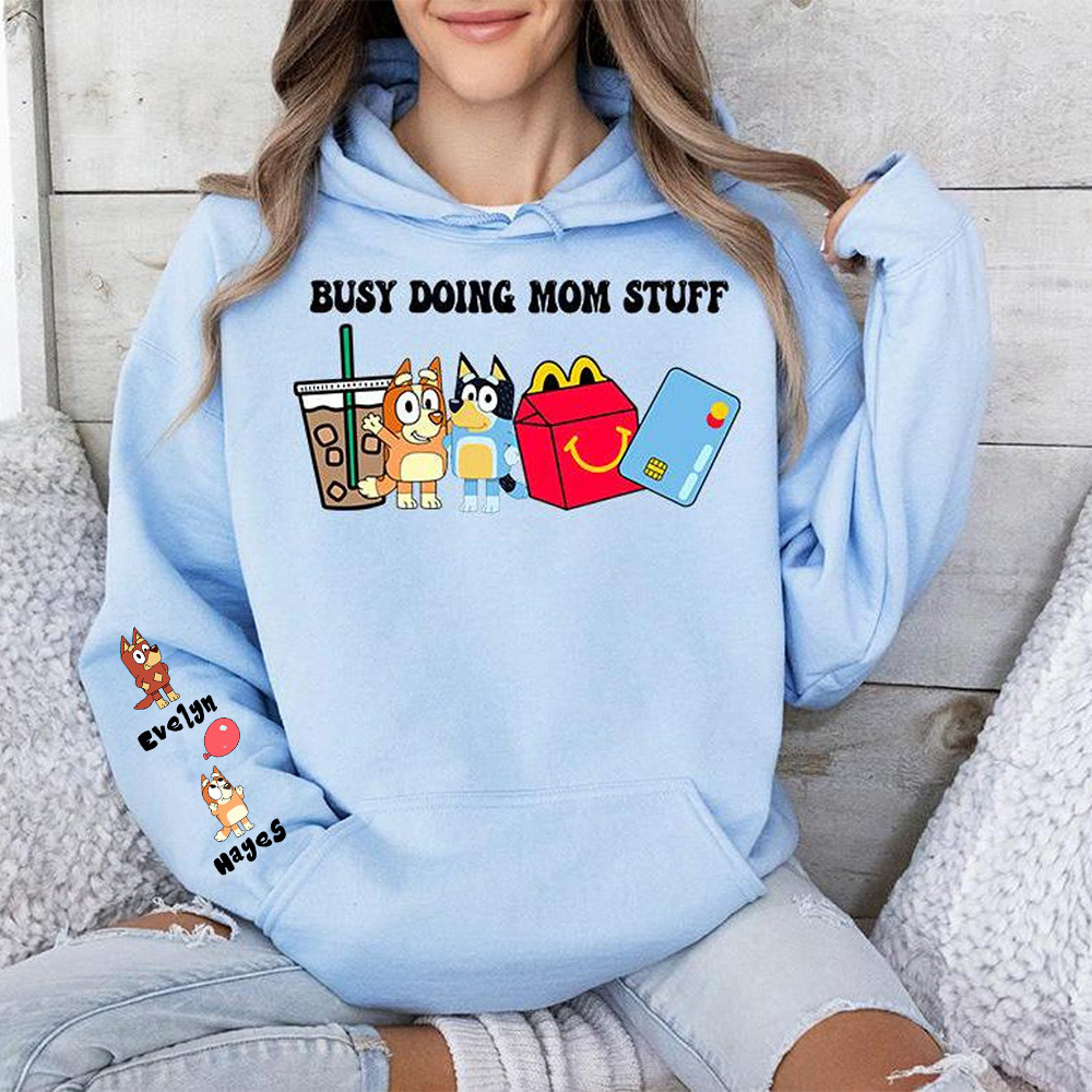 50% OFF🐶BUSY DOING MOM STUFF Custom Mama Sweatshirt, with Kid Names on Sleeve Sweatshirt