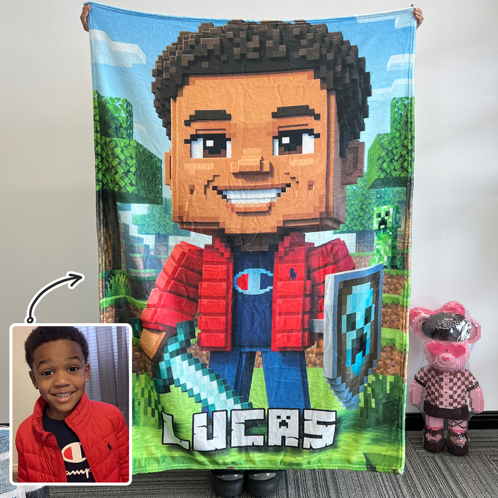 Custom Minecraft Pixel-Style Blanket with Face & Name