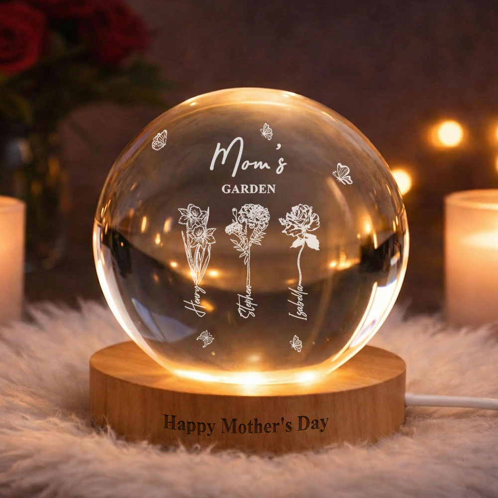 50% off🔮Custom Birth Flower with Names Crystal Ball LED Night Light