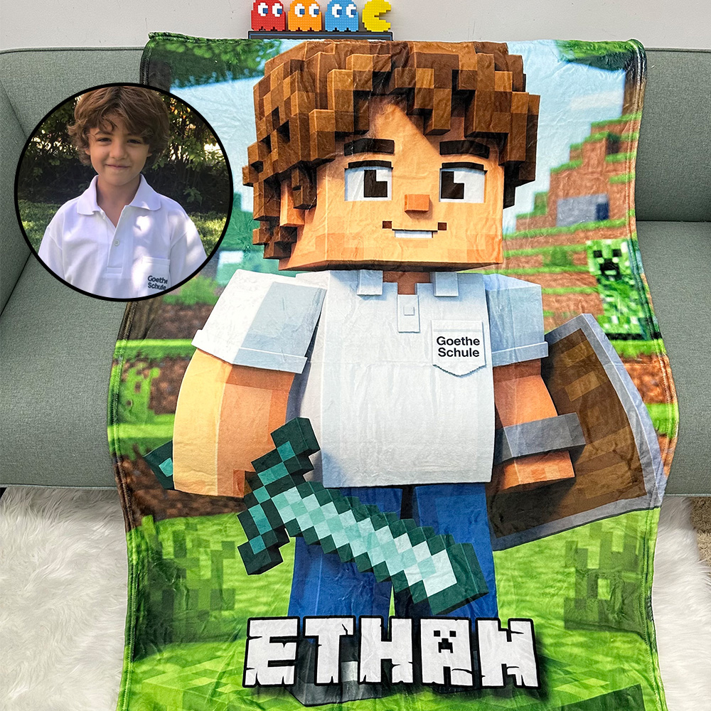 Custom Minecraft Pixel-Style Blanket with Face & Name