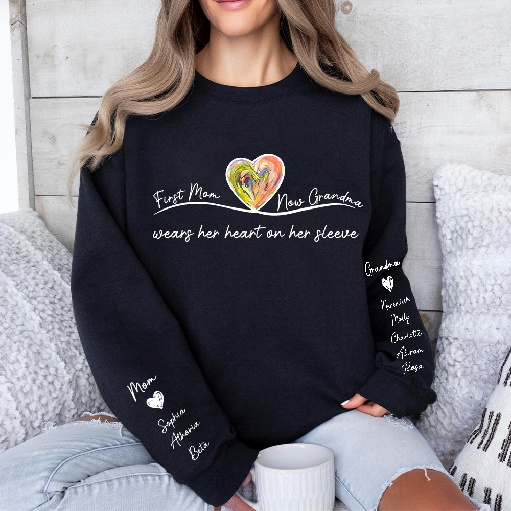 First Mom Now Grandma Custom Names On Sleeve - Personalized Sweatshirt, Hoodie