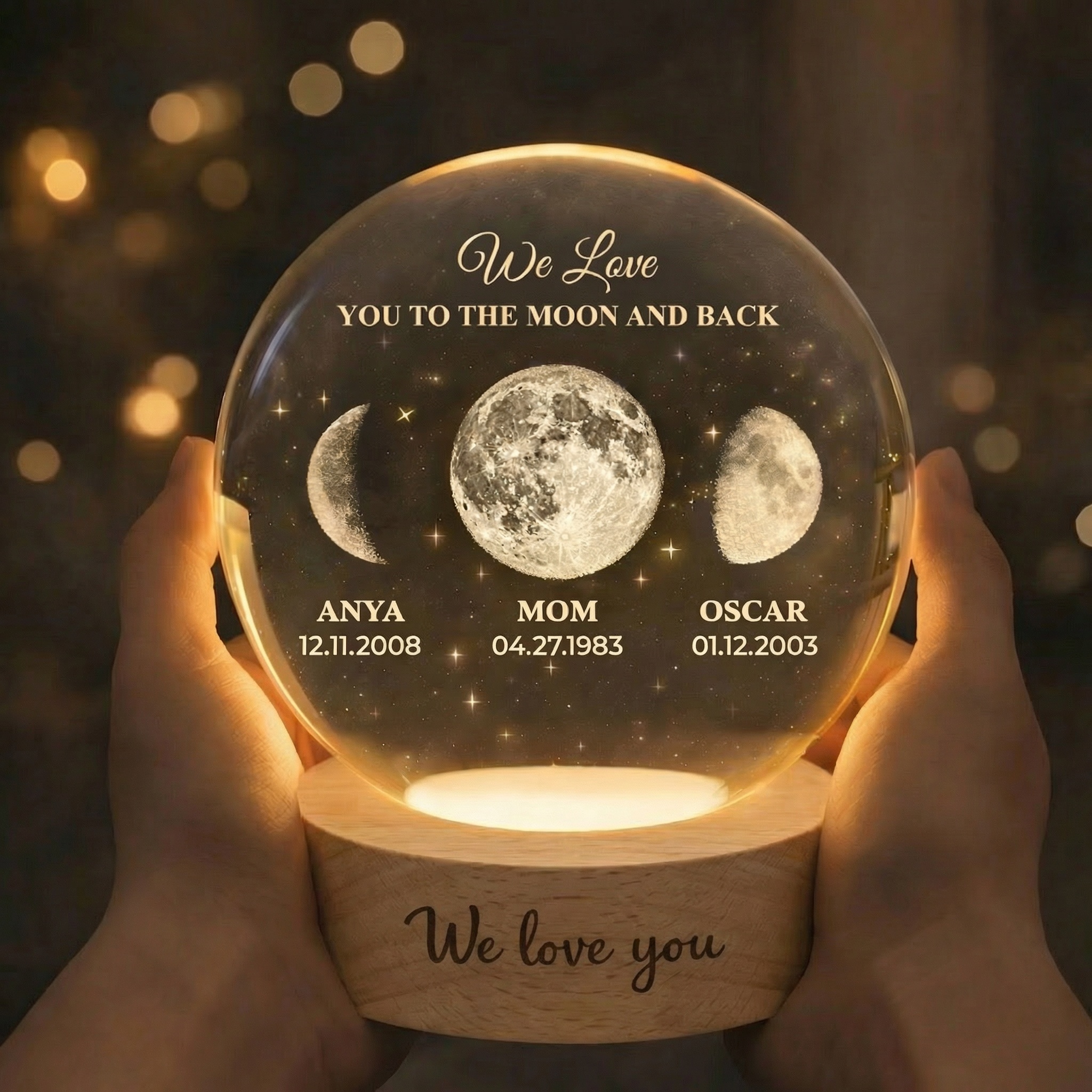 Personalized Moon Phase By Date Crystal Ball LED Night Light With Kids Name Mother's Day Gift For Mom