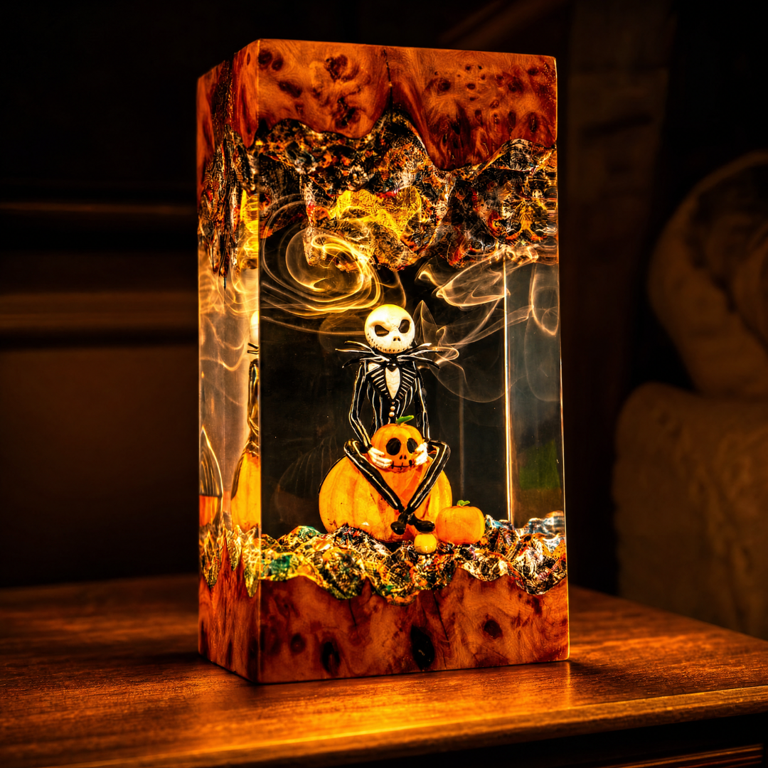 Halloween Resin Epoxy Night Lamp – Spooky Hand, Bats & Pumpkin Gothic Home Decor Light