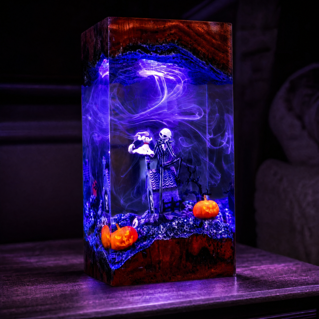 Halloween Resin Epoxy Night Lamp – Spooky Hand, Bats & Pumpkin Gothic Home Decor Light